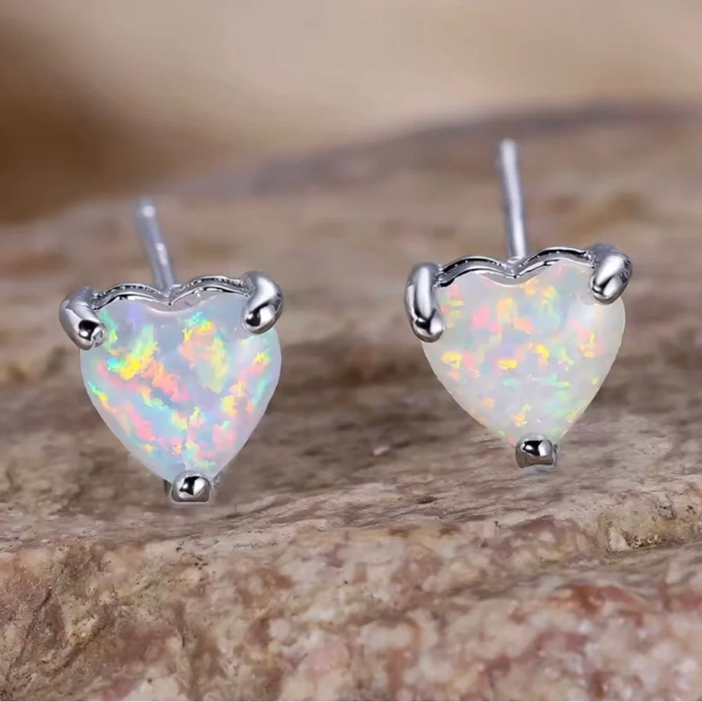 Heart Shaped White Opal Stud Earrings in Silver